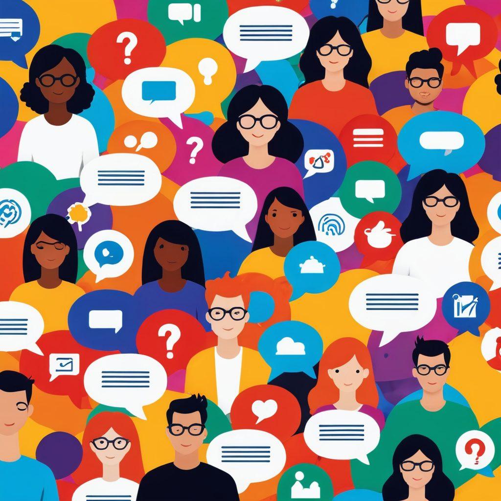 A vibrant collage illustrating various forms of interactive content, such as quizzes, polls, and user-generated stories, with a diverse group of animated characters engaging with these elements. Include elements like speech bubbles overflowing with creative ideas and colorful social media icons. The background should be dynamic and filled with playful technology motifs to capture the essence of engagement. bold colors. modern illustration. lively composition.