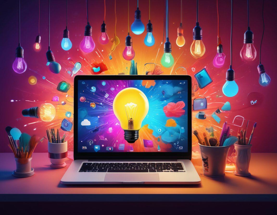 A dynamic scene showcasing a diverse group of bloggers and storytellers passionately creating and sharing short clips on various digital devices, with vibrant illustrations of creative ideas like lightbulbs and swirling colors around them. The background features digital platforms and social media icons to emphasize technological transformation. Include elements symbolizing creativity like paintbrushes, cameras, and notebooks. vibrant colors. 3D.